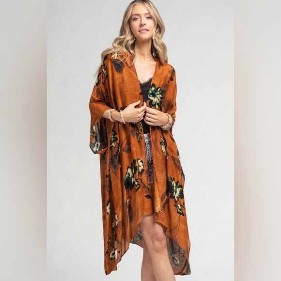 Bohemian Rust Floral Print Kimono w/ Side Slits - Rich Deep Colors - Picture 4 of 7